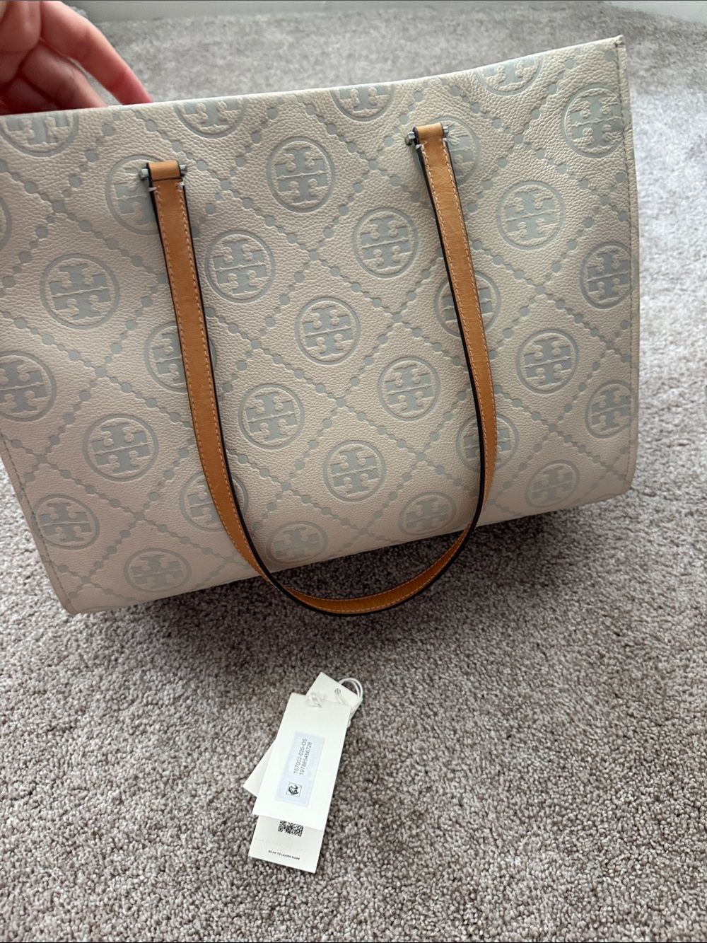 Tory Burch Light Gray Logo-Print Tote with Tan Handles